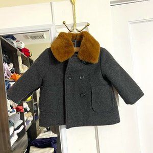 Gooco Gray Wool Coat with A Brown Faux Fur Removable Collar - Size 6-9 Months